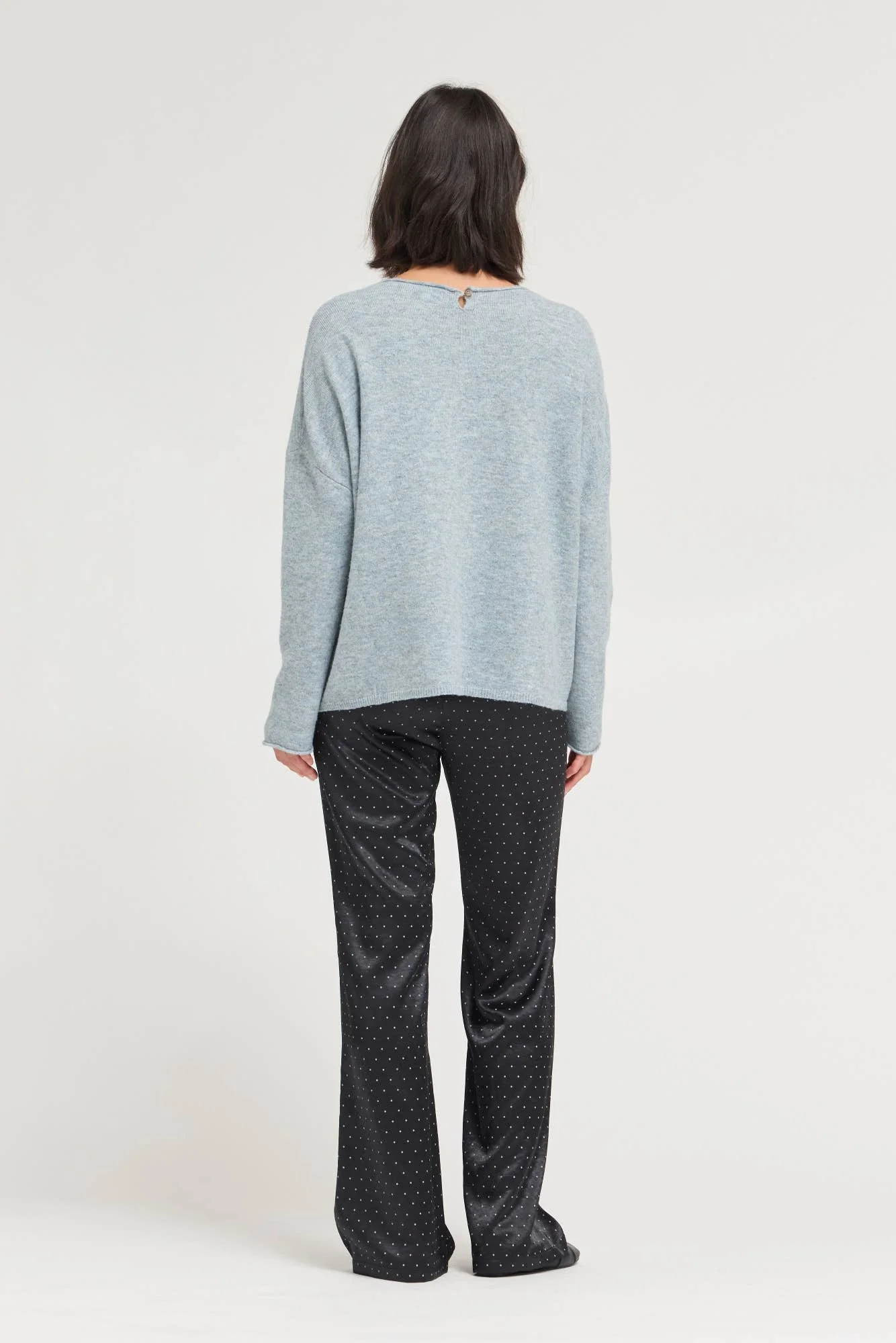 Back Button Boatneck Sweater Top Blue Grey