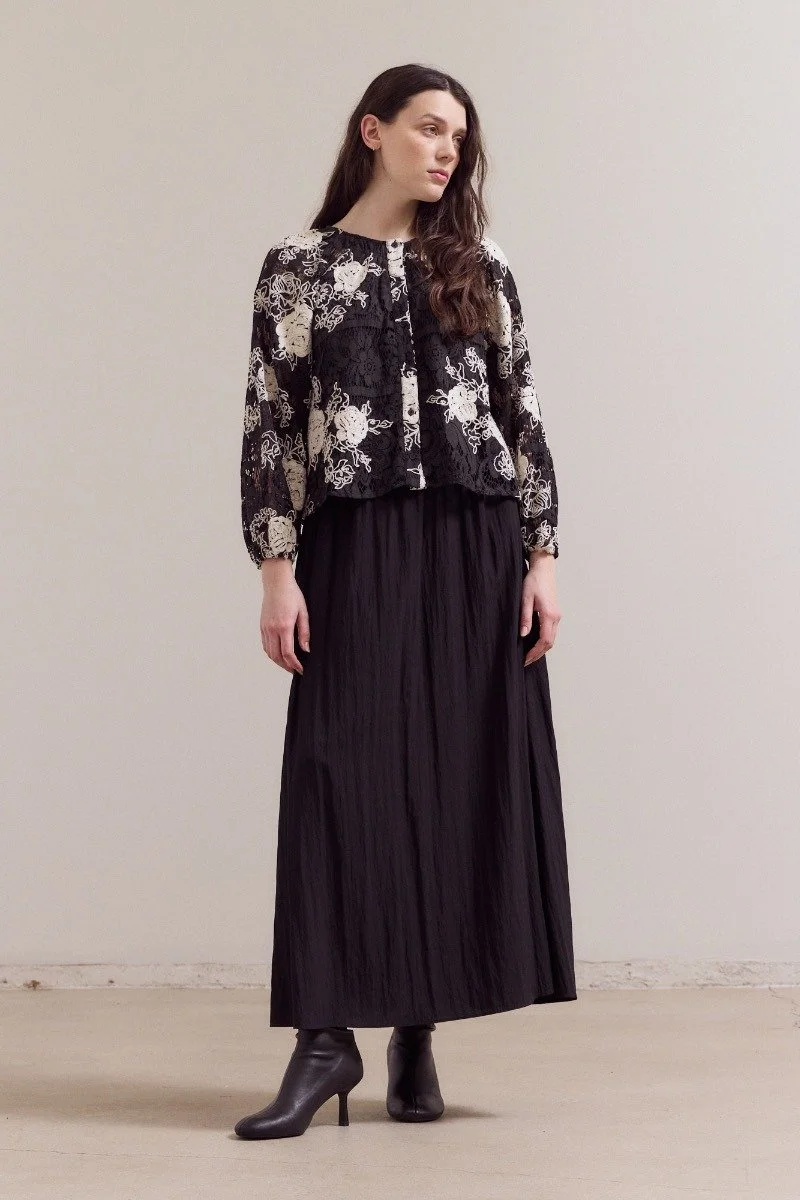 Button Front Lace Embroidered Blouse Black Floral