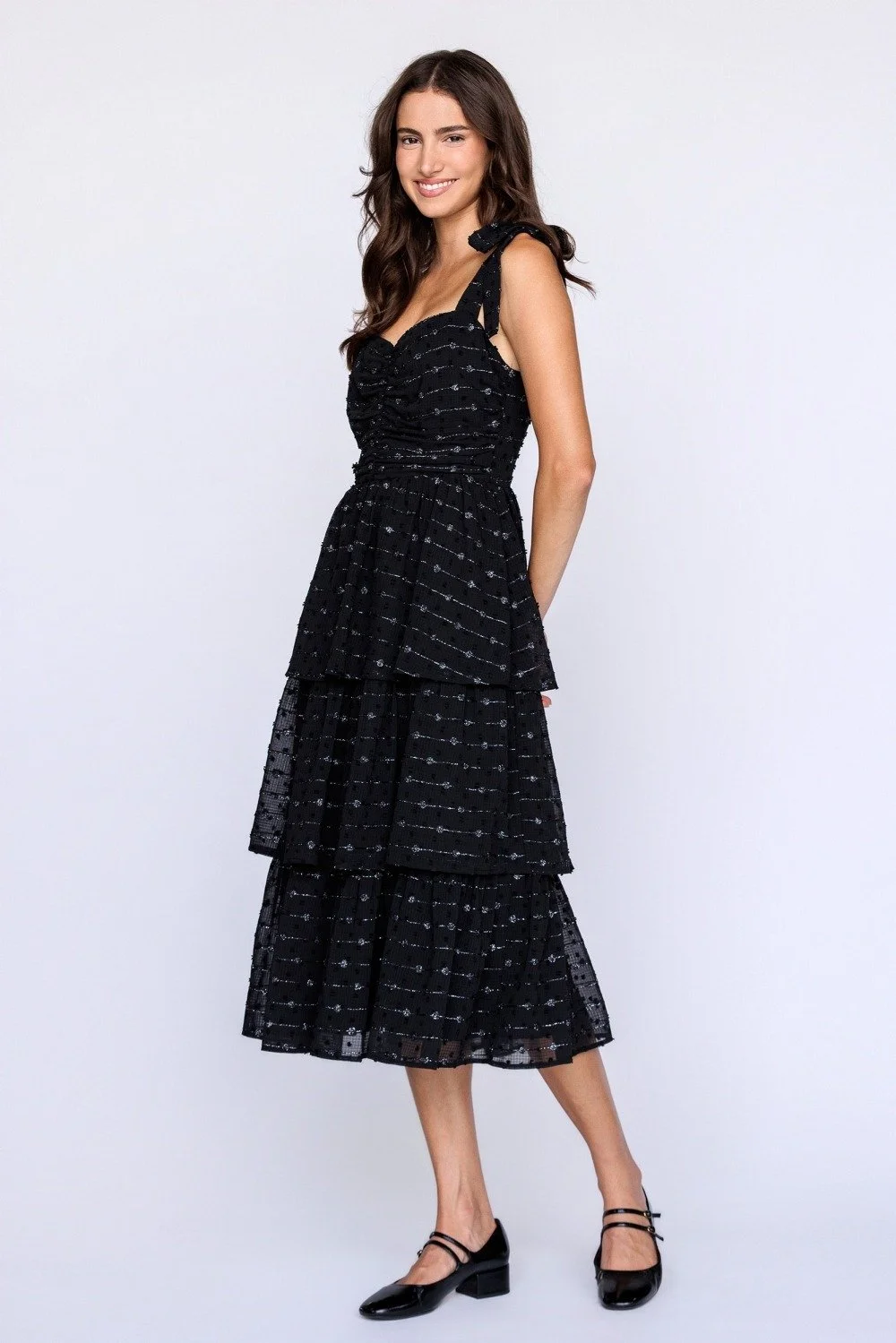 Tie Shoulder Tiered Midi Dress Black Metallic Dot