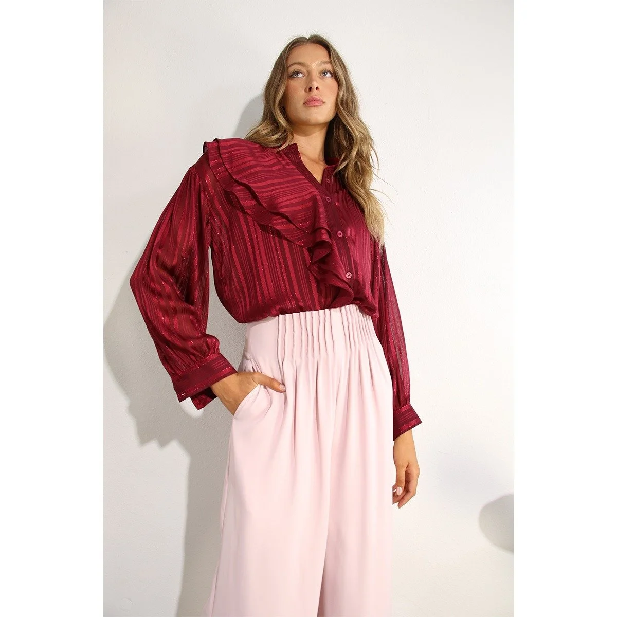 Asymmetric Ruffle Blouse Burgundy