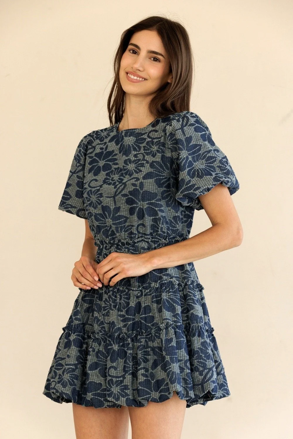 Puff Sleeve Tiered Mini Dress Indigo Floral