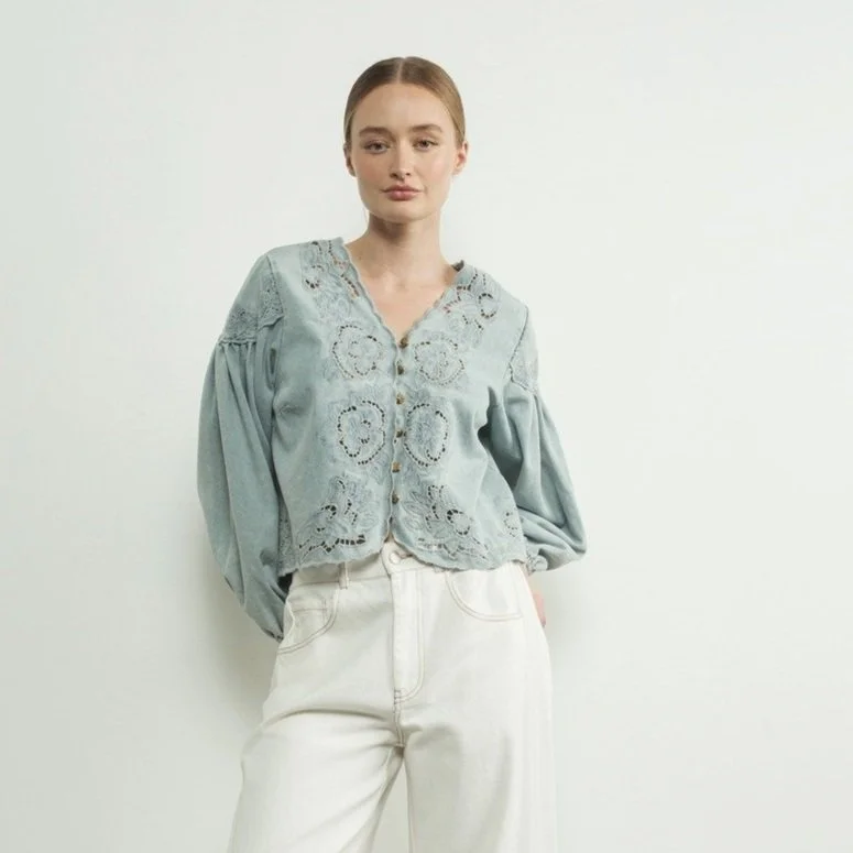 Embroidered Flower V-neck Button Blouse Denim