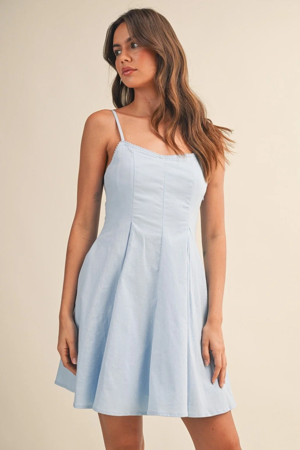 Picot Lace Trimmed Mini Dress Light Blue