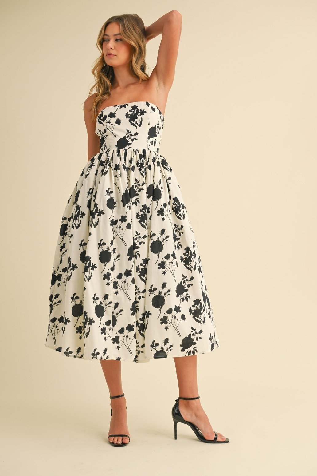 Strapless Tea Dress Ivory & Black Floral