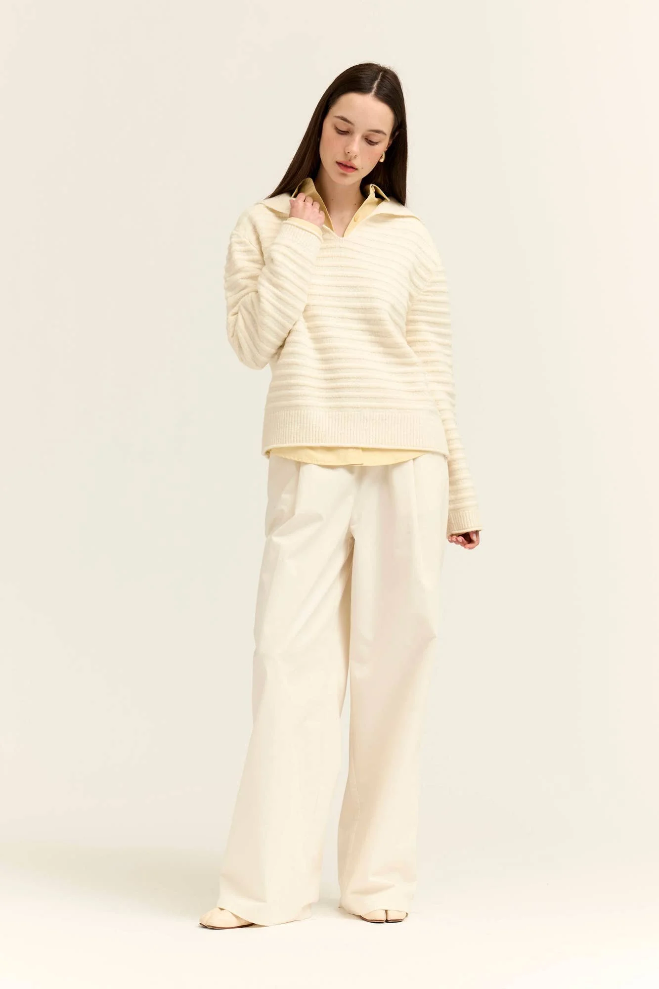 Sailor Collar Textured Knit Pullover Ivory