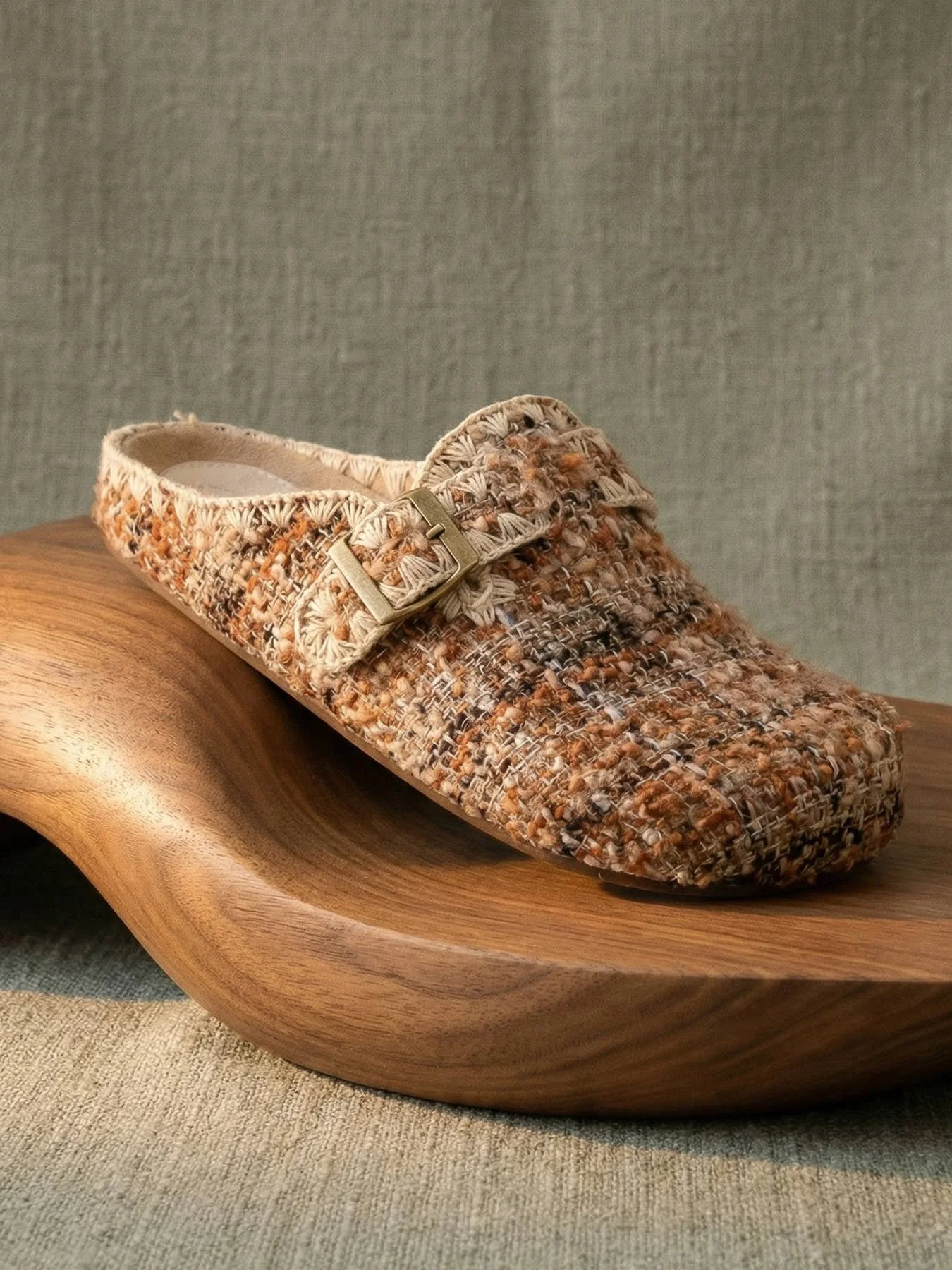 The Teri Buckle Mule Chai Tweed