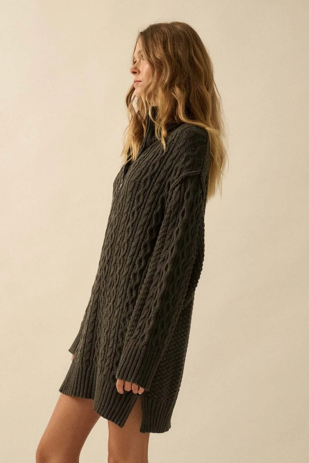 Cable Knit Half Zip Mini Sweater Dress Charcoal