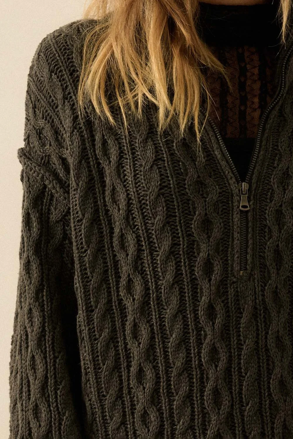 Cable Knit Half Zip Mini Sweater Dress Charcoal