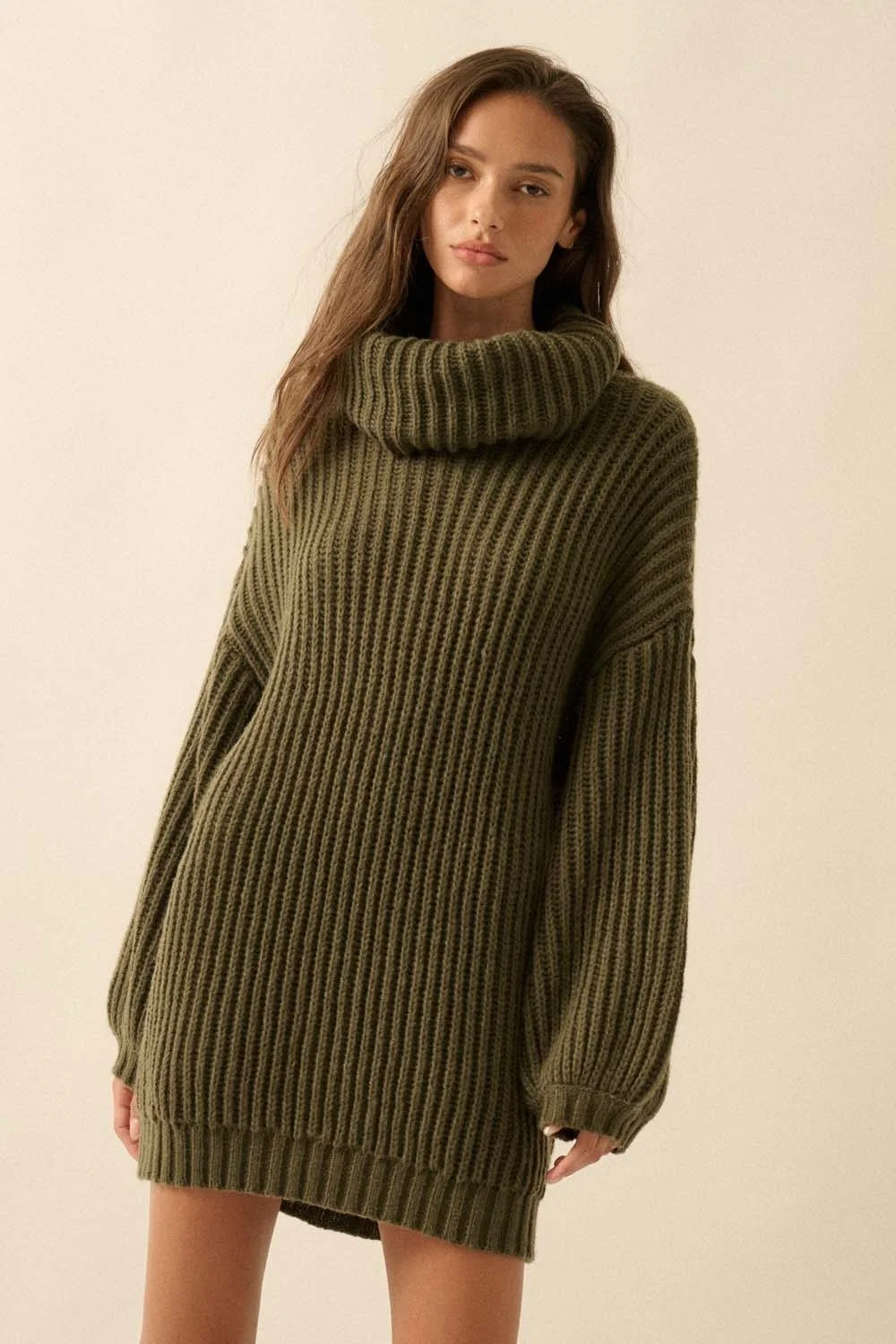Oversized Ribbed Turtleneck Sweater Olive