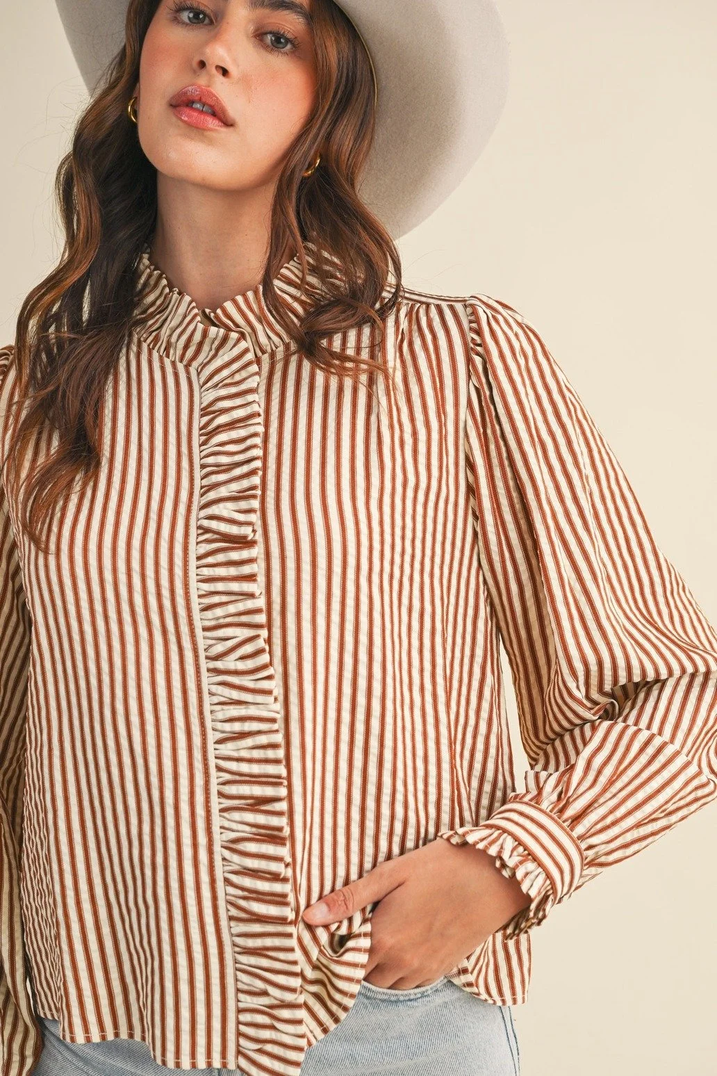 Ruffle Collar Button Front Blouse Pecan Ticking Stripe
