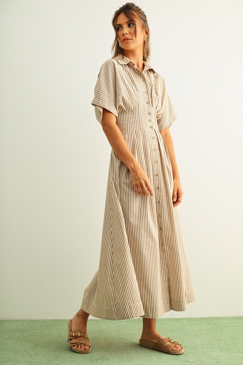 Pleated Button Down Shirt Dress Brown Stripe
