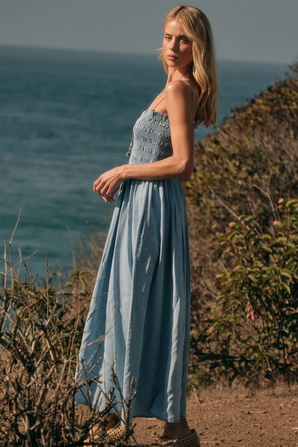 Smocked Midi Sundress Light Chambray