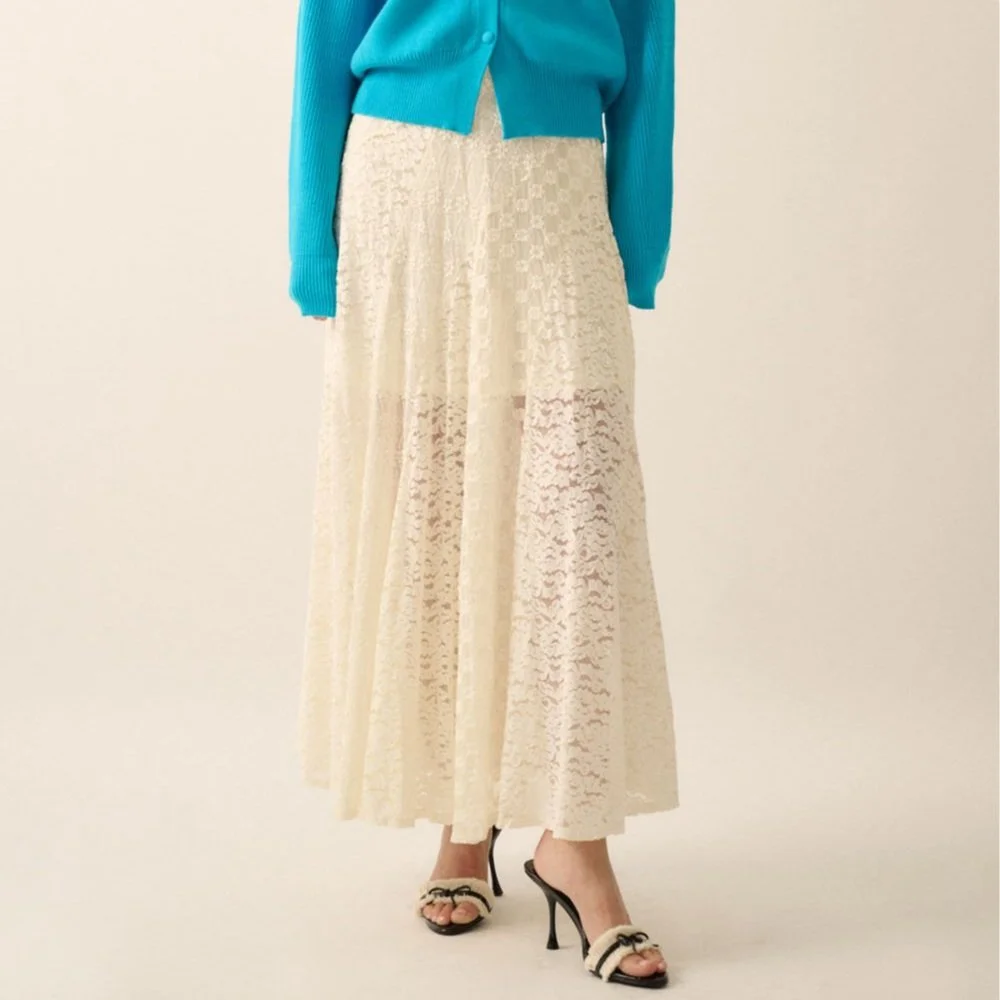 Floral Lace Panel Maxi Skirt Cream