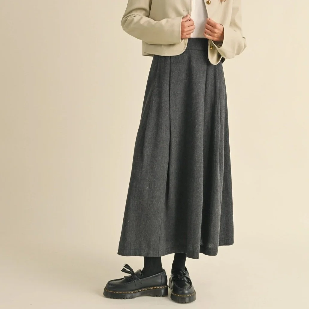 Pleated Tweed Midi Skirt Charcoal