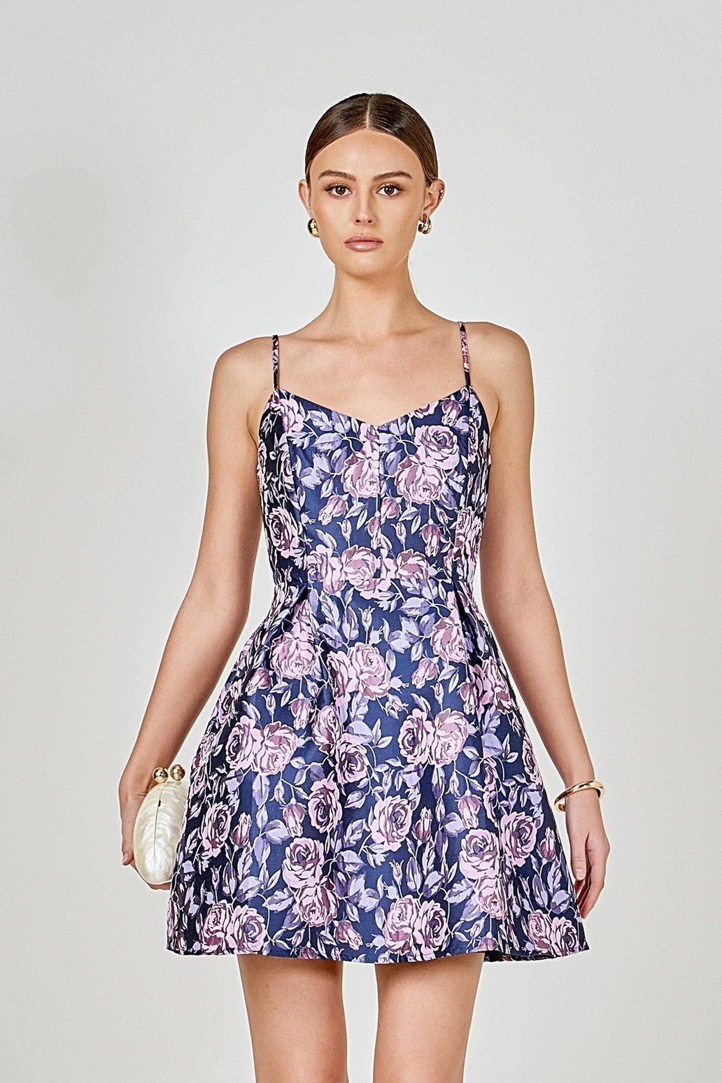 Floral Jacquard Sweetheart Neckline Mini Dress Purple