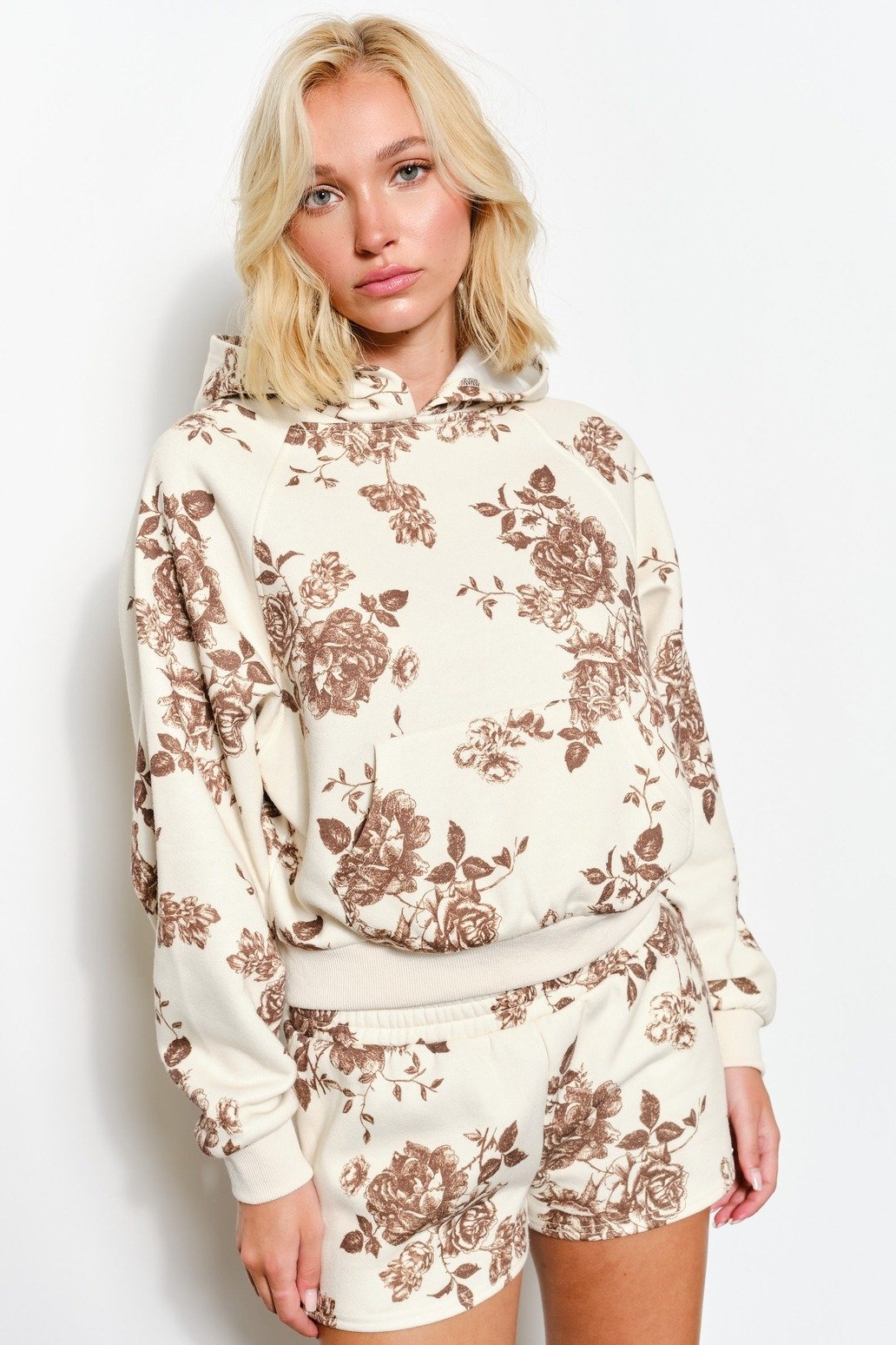 Ida Floral Print Hoodie Cream & Brown