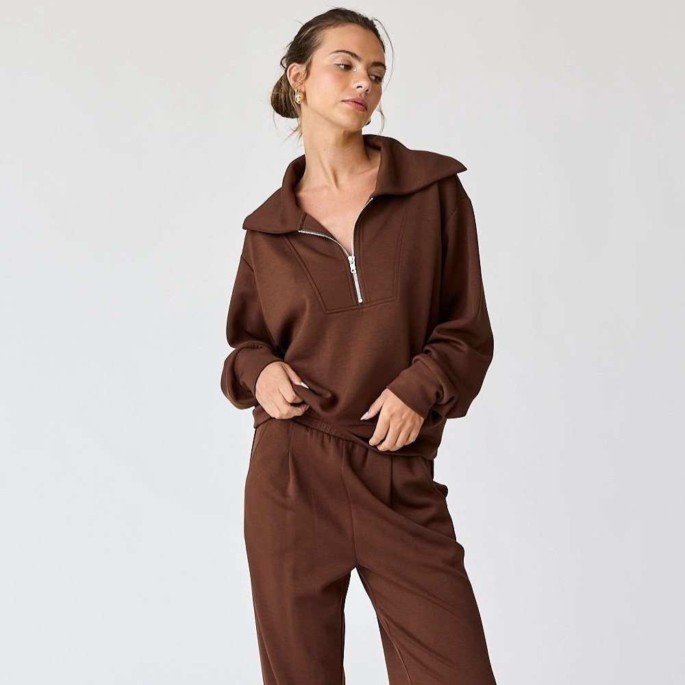 Penelope Half-Zip Pullover & Cuffed Pants Set Espresso
