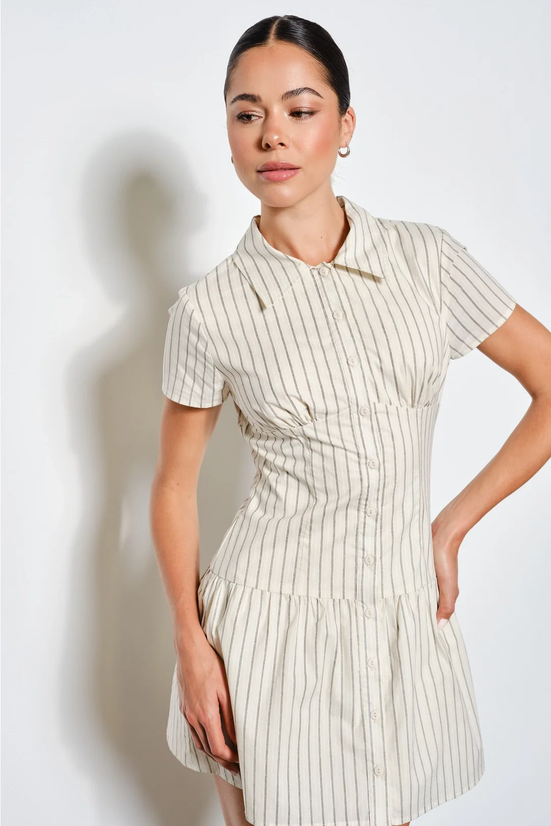 Loretta Shirt Mini Dress Beige Stripe