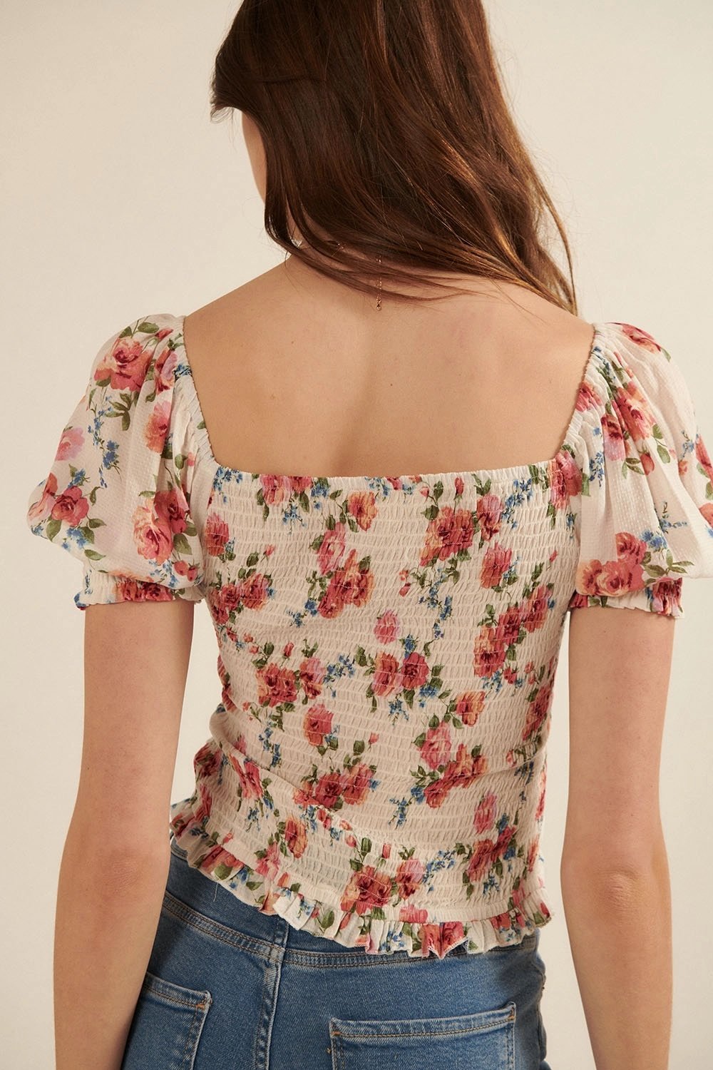 Sweetheart Ruched Blouse Cream Floral