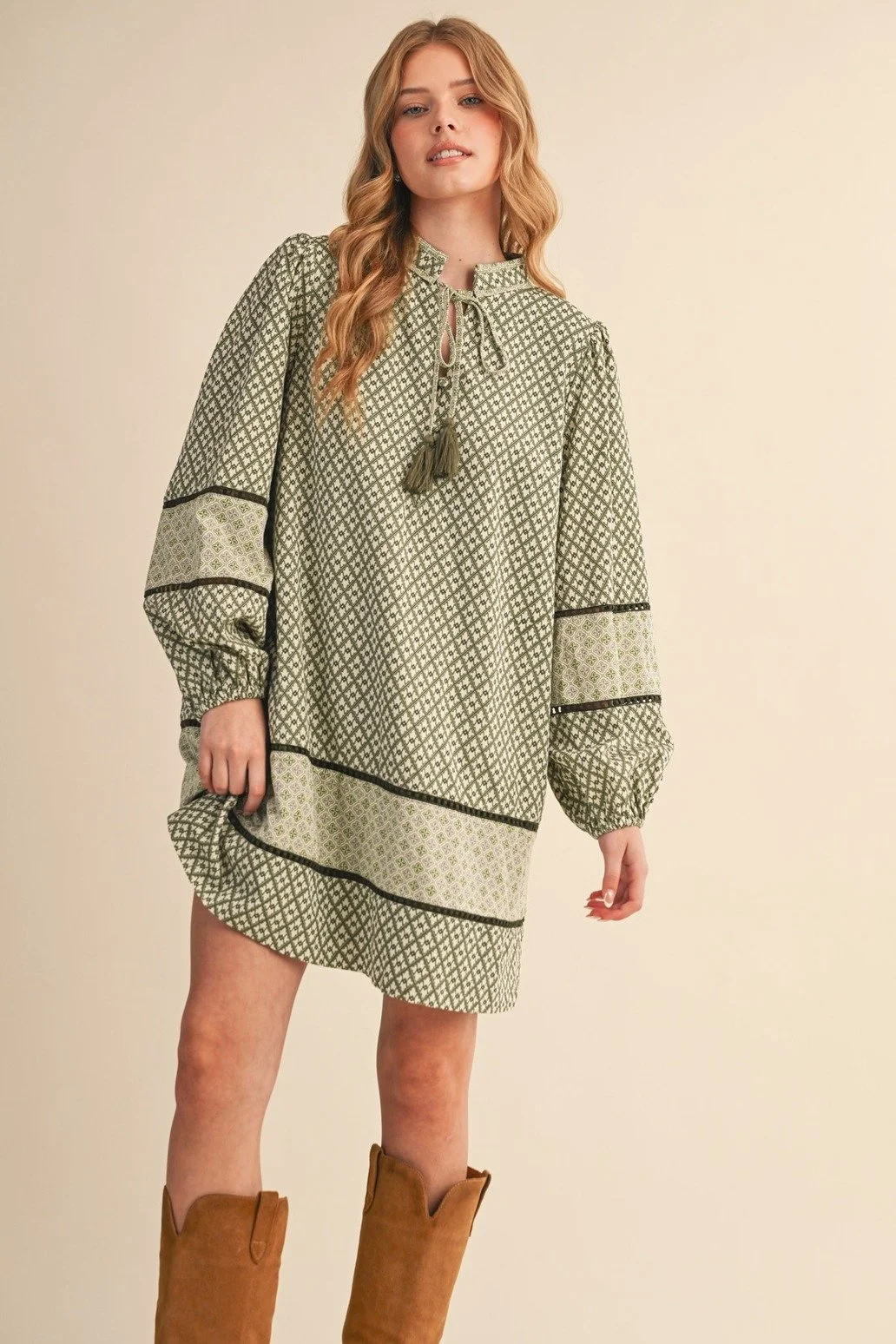 Tie Collar Mini Shift Dress Sage Olive Print