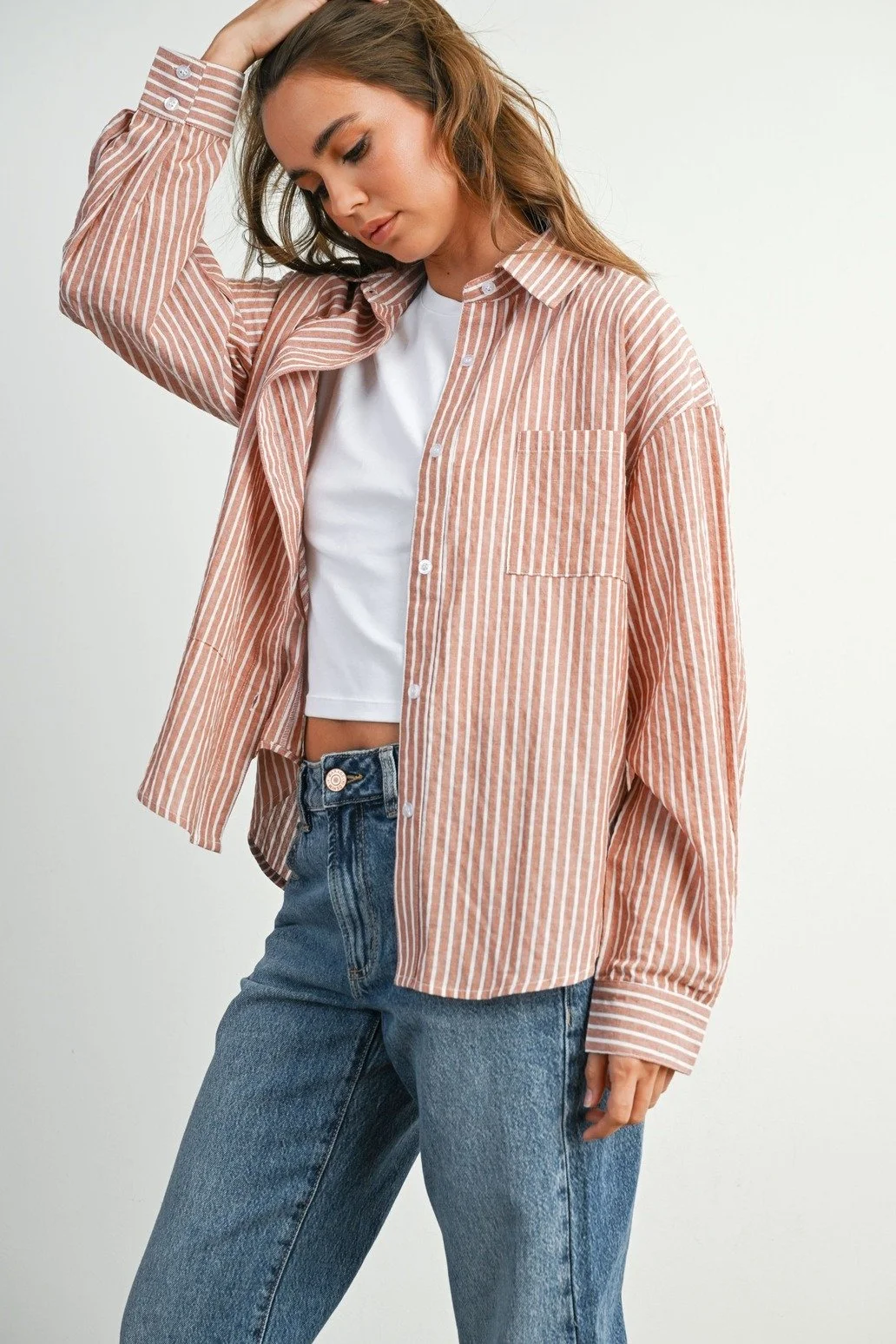 Collared Button Up Top Brick Stripe