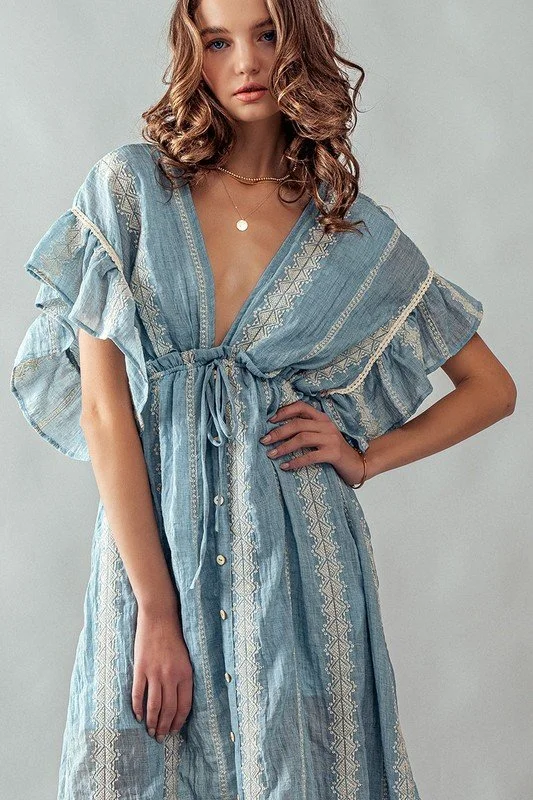 Deep V-neck Embroidered Maxi Dress Soft Blue  Byron & Barclay