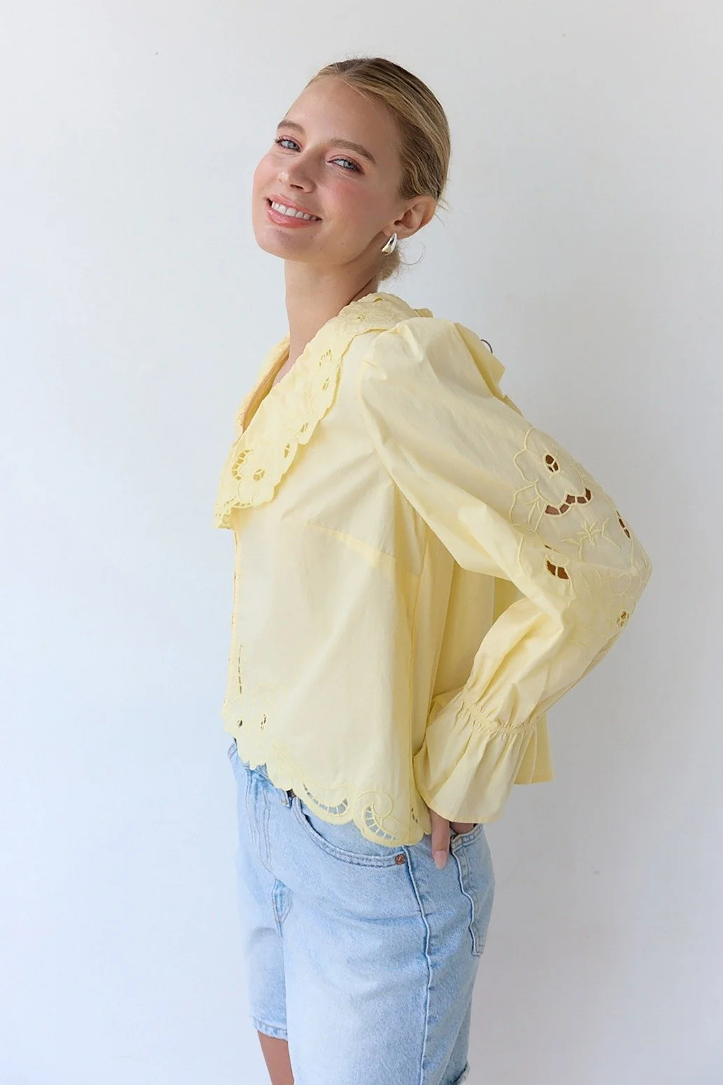 Embroidered Ruffle Collar Blouse Yellow