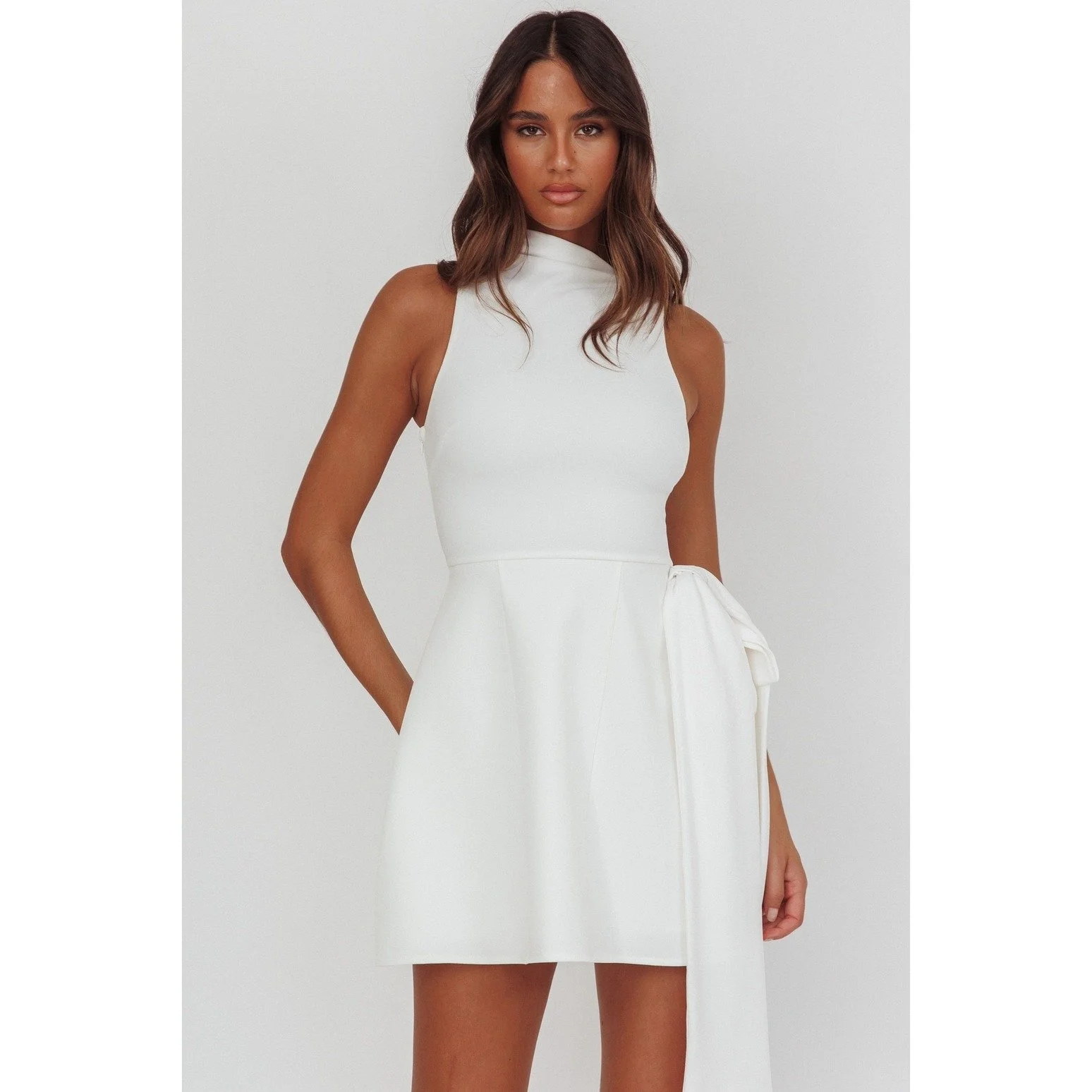 High Neck Side Bow Mini Dress White