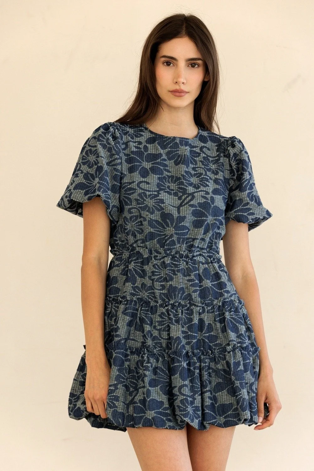 Puff Sleeve Tiered Mini Dress Indigo Floral