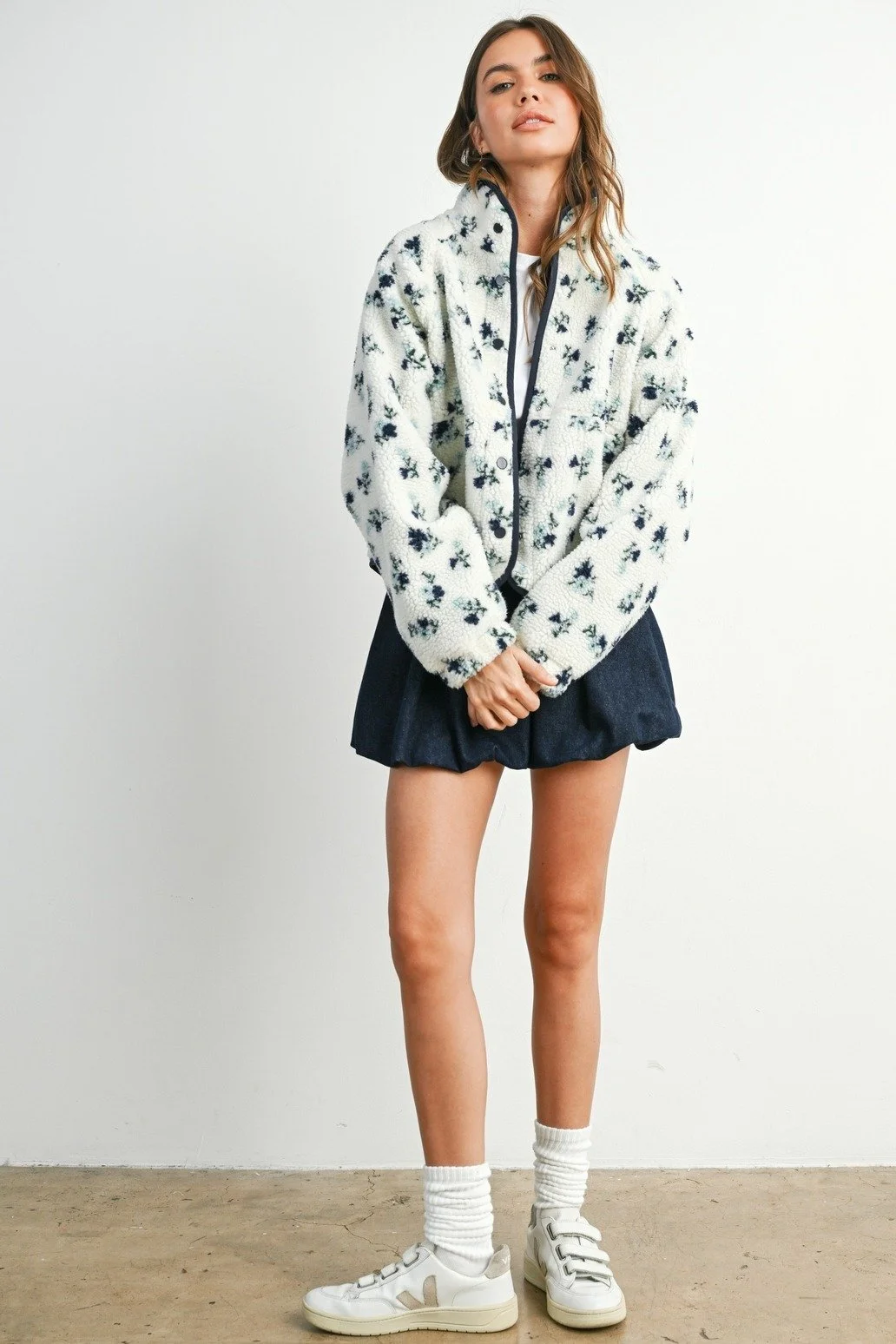 Floral Fleece Snap Button Jacket Ivory & Navy