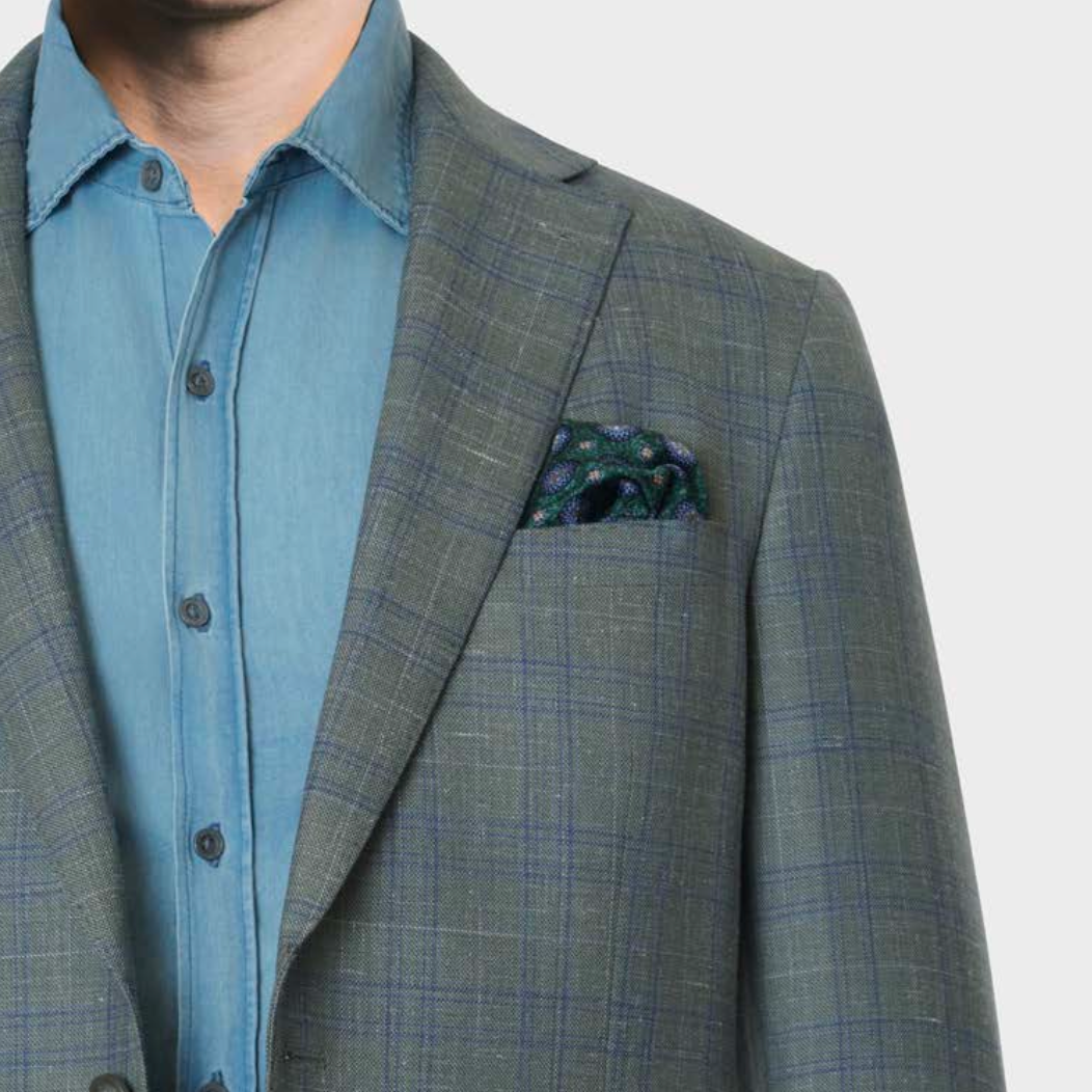 Notch Lapel Sport Coat Wool/Silk/Linen - Olive/Blue Plaid