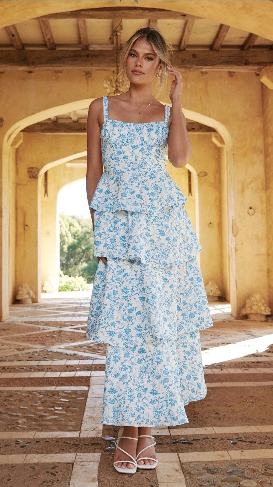 Tiered Tie-Back Maxi Gown Blue Floral