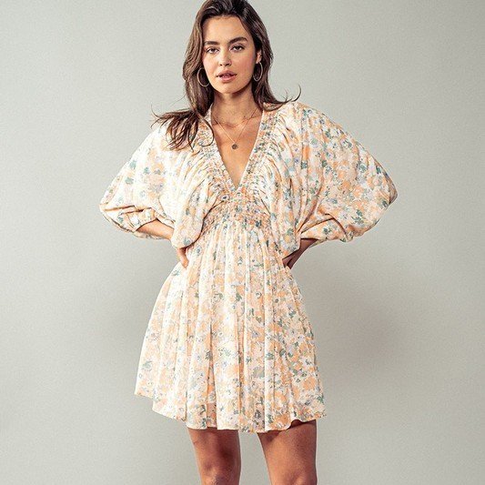 Plungeneck Mini Dress Peach Floral