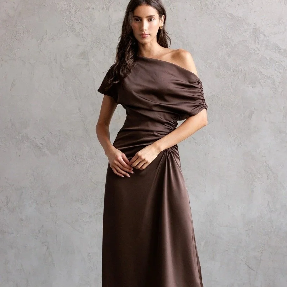 One Shoulder Ruched Satin Midi Dress Chocolate
