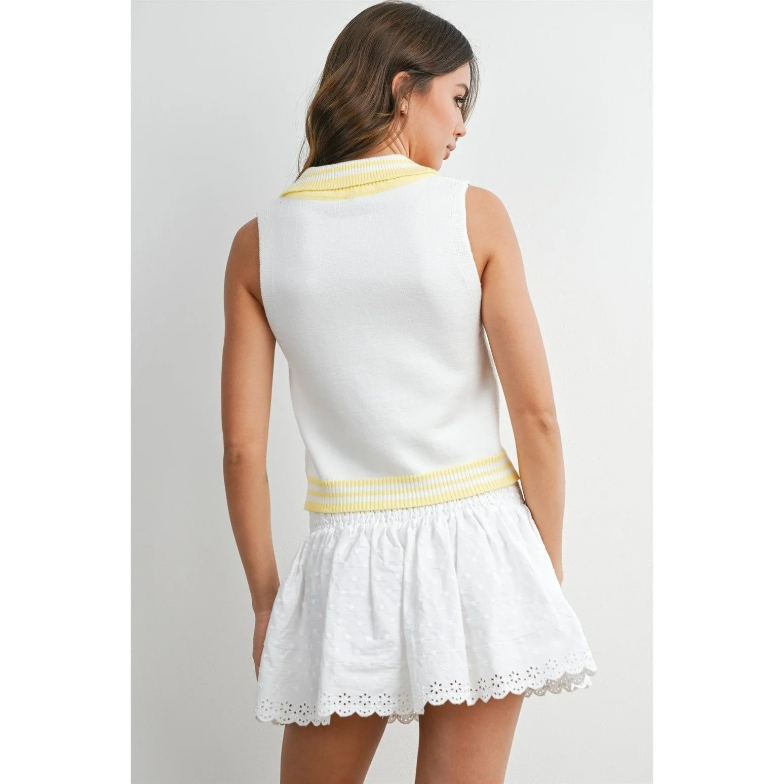 Collared Sweater Tank Ivory with Yellow