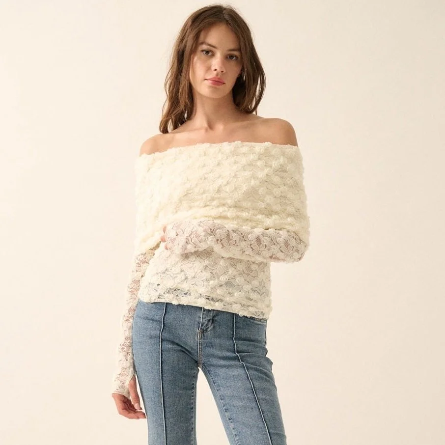 3D Floral Lace Off Shoulder Top Cream