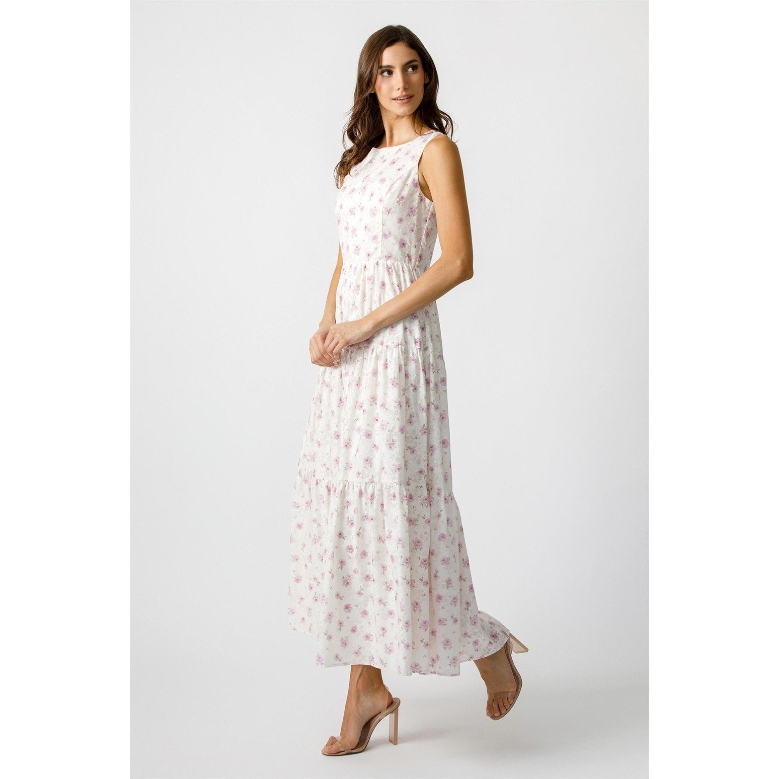 Swiss Dot Tiered Maxi Dress Ivory & Lilac Floral