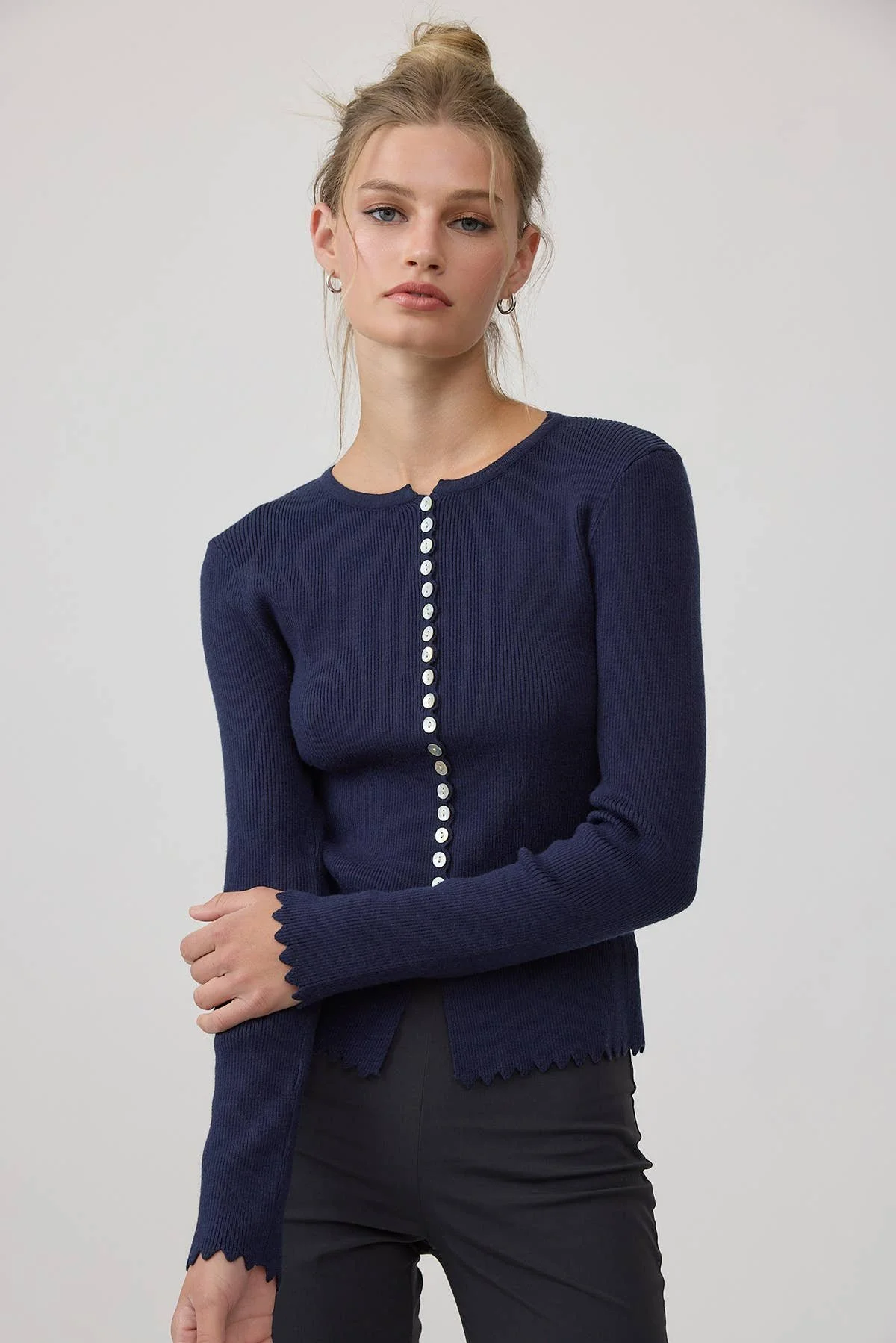 Scallop Trim Button Cardigan Navy