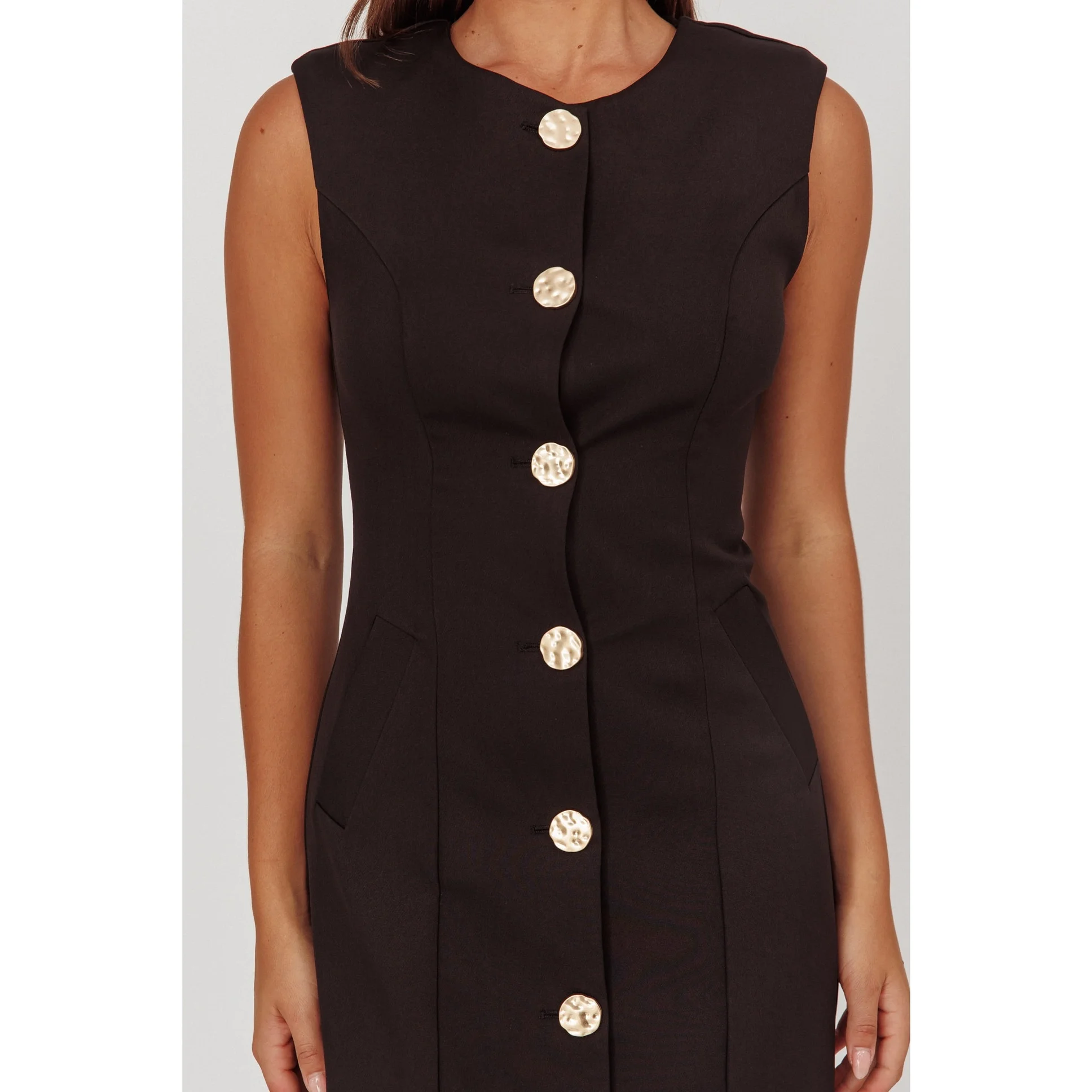 High Neck Button Front Mini Dress Black