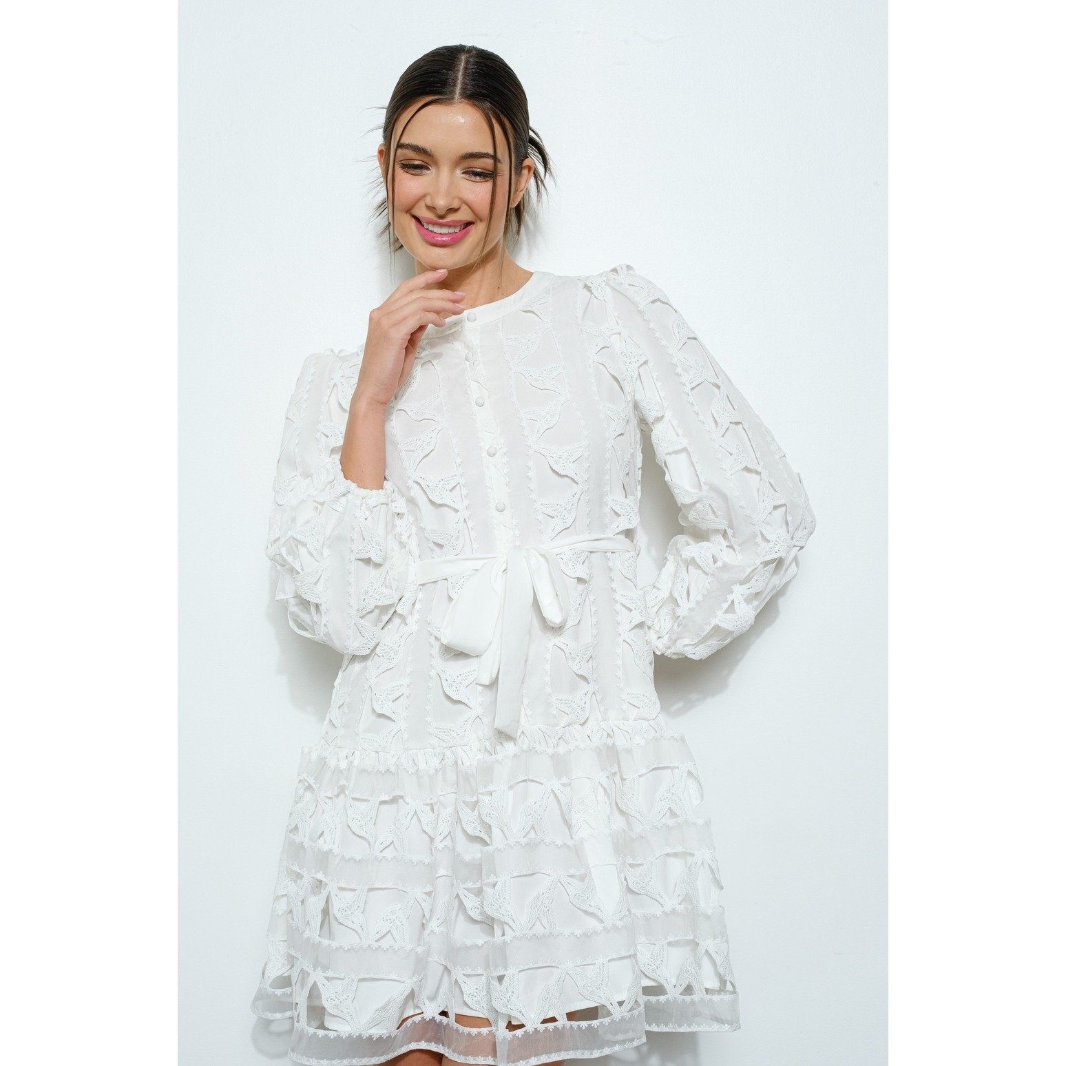 Lace Button Front Puff Sleeve Mini Dress White