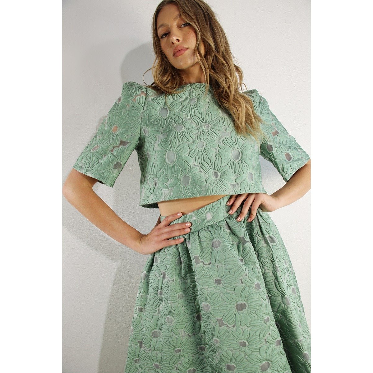Floral Embossed Top & Skirt Set Mint