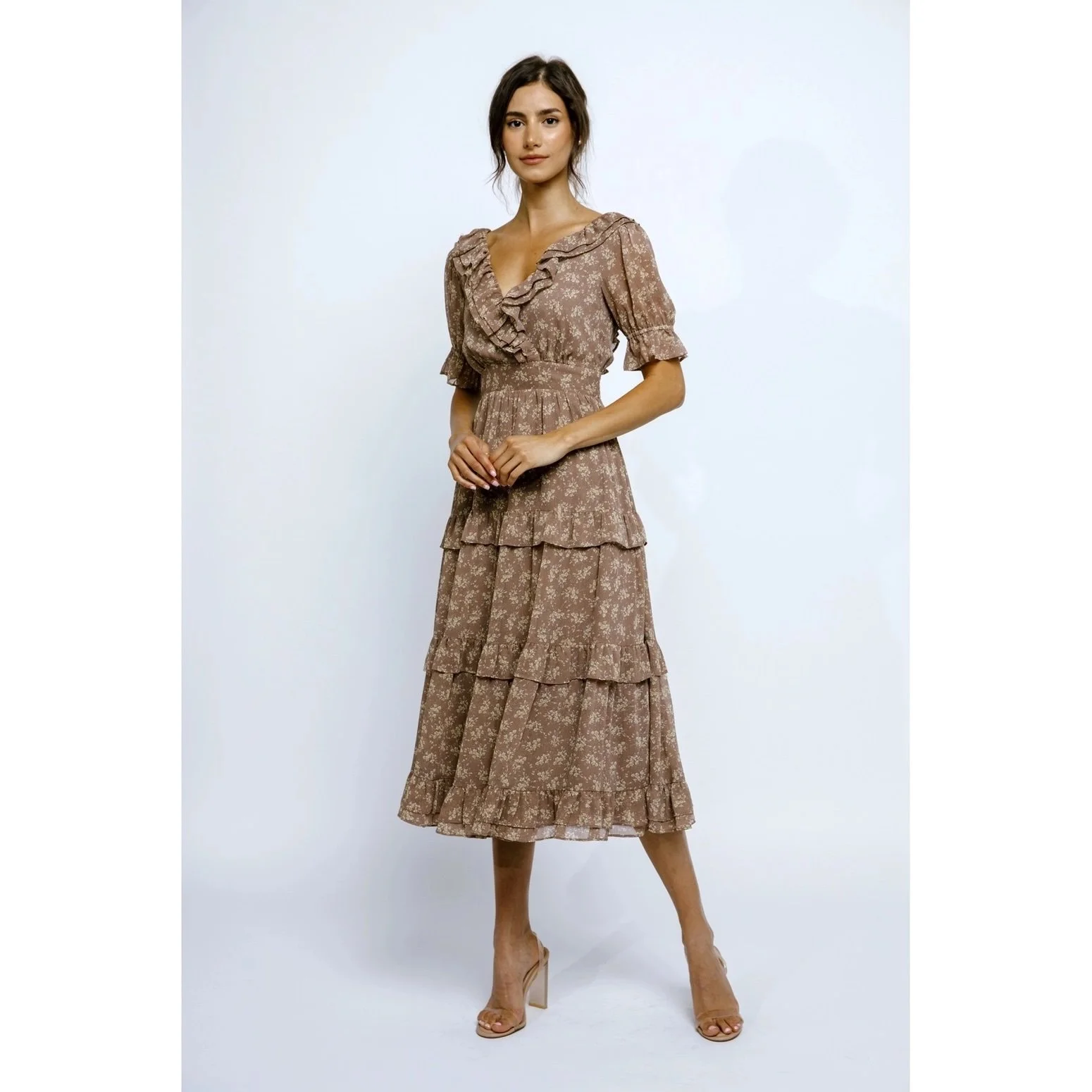 Ruffle Tiered Lace Back Midi Dress Taupe Floral