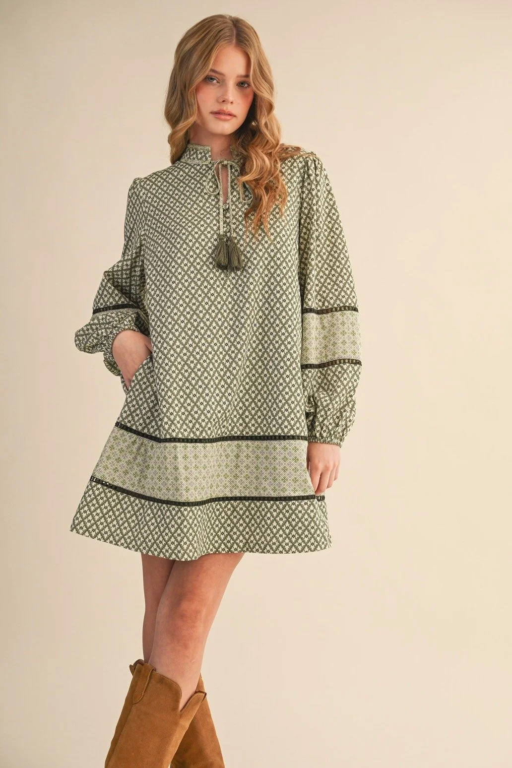 Tie Collar Mini Shift Dress Sage Olive Print