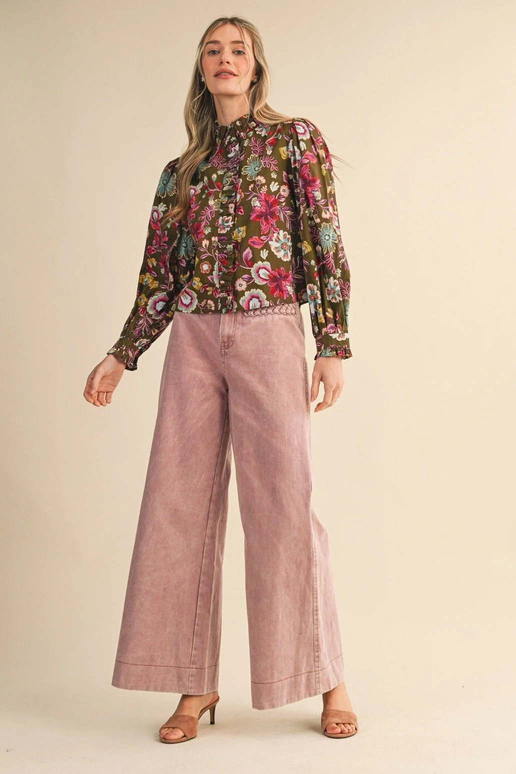 Ruffle Collar Button Blouse Olive Floral