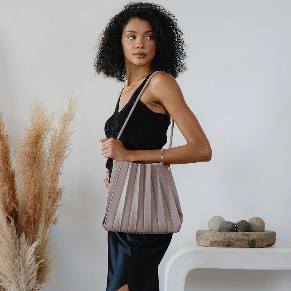 Carrie Pleated Vegan Shoulder Bag Mushroom