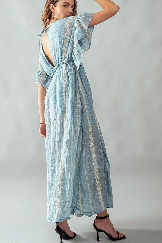 Deep V-neck Embroidered Maxi Dress Soft Blue  Byron & Barclay