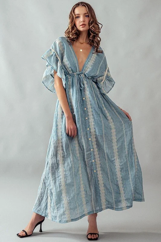 v neck embroidered maxi dress Women's Blue Floral Embroidered Maxi Dress main image 1