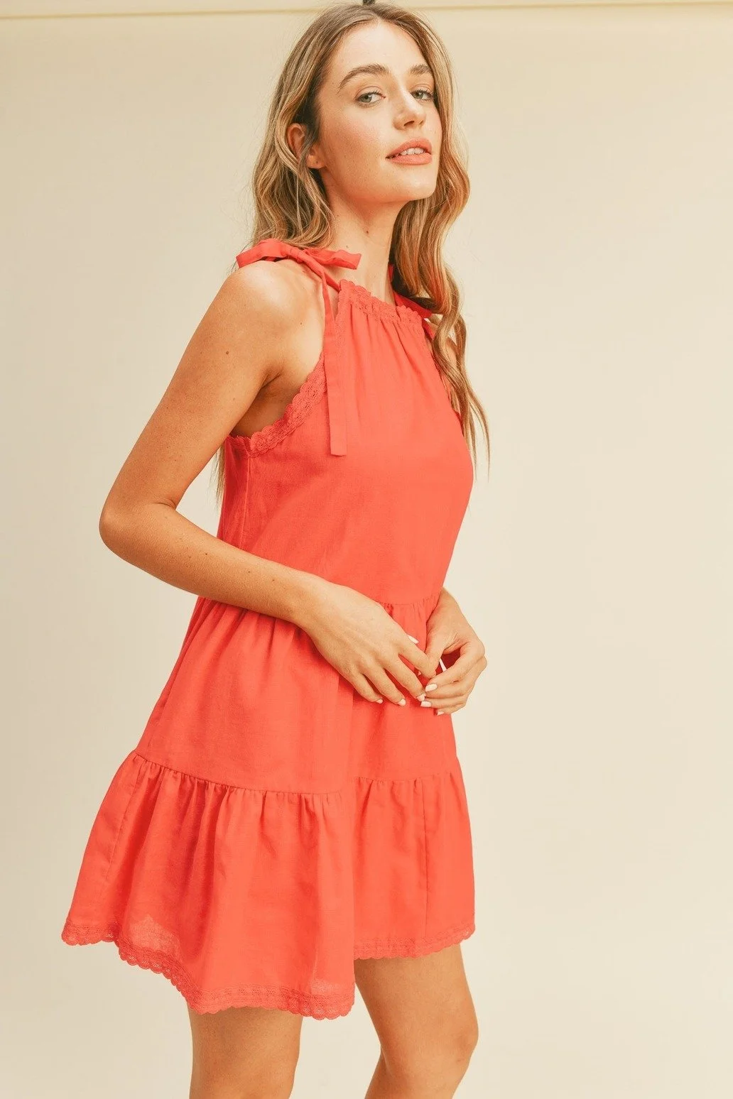 Tie Halter Babydoll Mini Dress Tomato Red