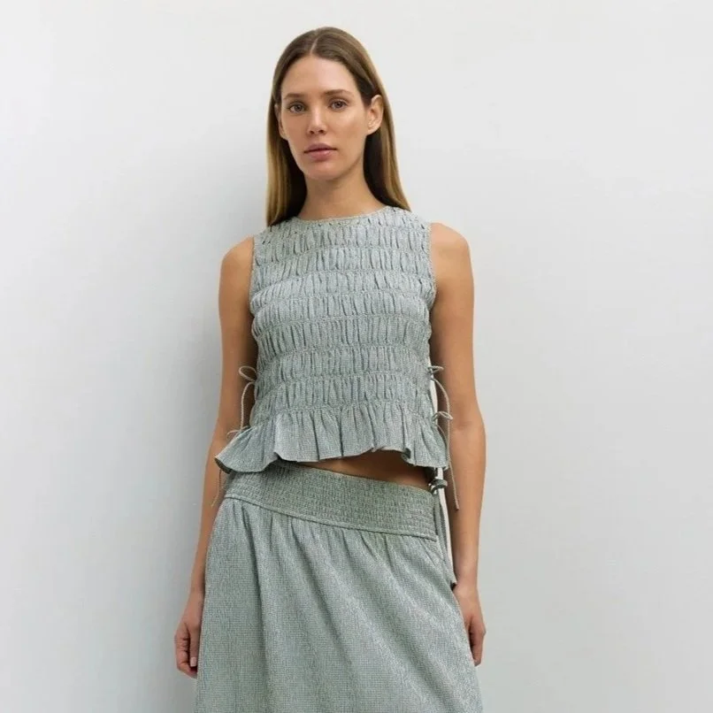 The Malorie Smocked Top Seafoam Gingham