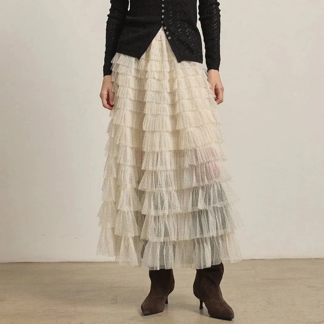 Layered Tulle Maxi Skirt Cream Polka Dot